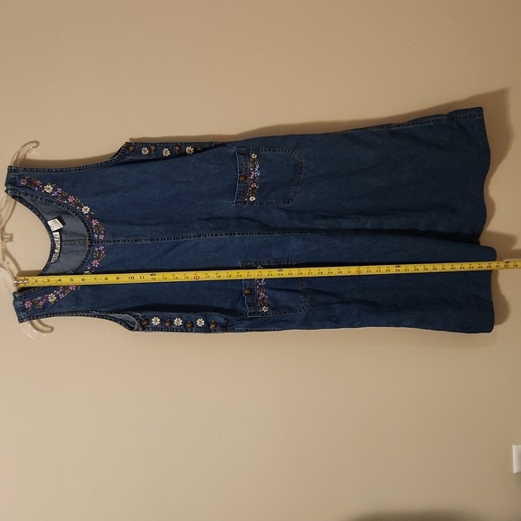 Jane Ashley Womens Vintage Denim Dress M Maxi w Floral Embridered Neck Pockets - Picture 7 of 12